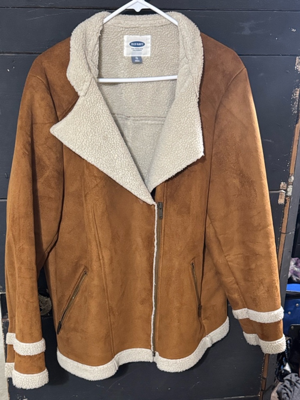 Old Navy Brown Suede-Look Shearling Jacket with Cream Trim